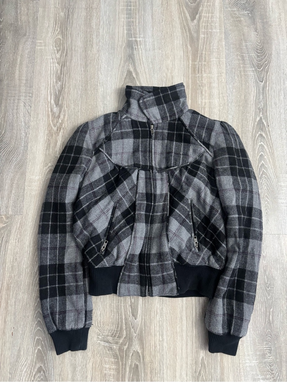 Women's Gray Plaid Zip-Up Bomber Jacket